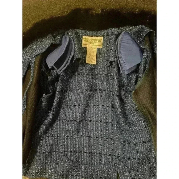 Vintage Jessica Howard 4P Blue Black Sparkle Tweed Faux Fur Collar Blazer Jacket - Picture 5 of 7